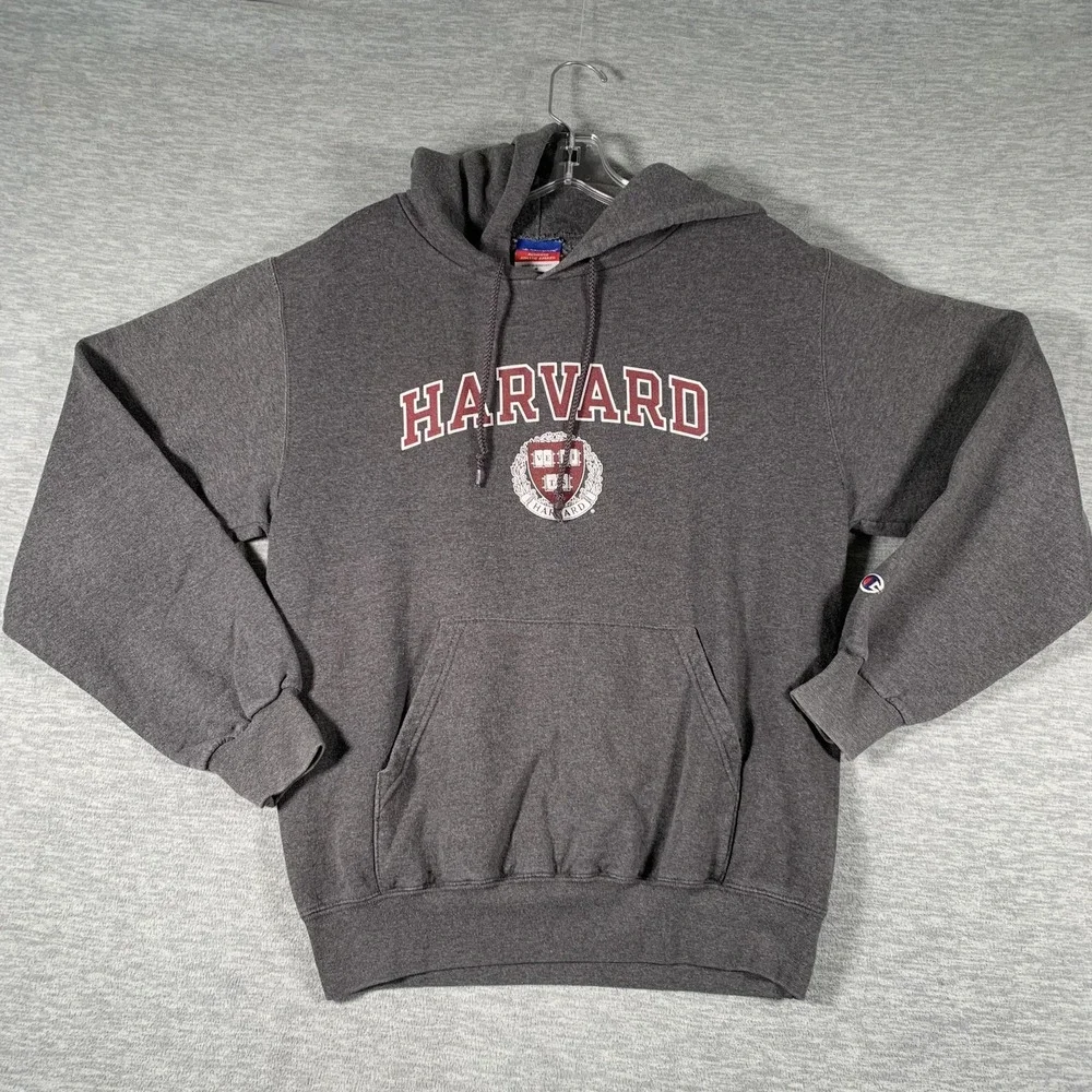 Harvard Hoodie Mens Small Gray Champion Pullover Fleece Sweatshirt‎ Logo Graphic
